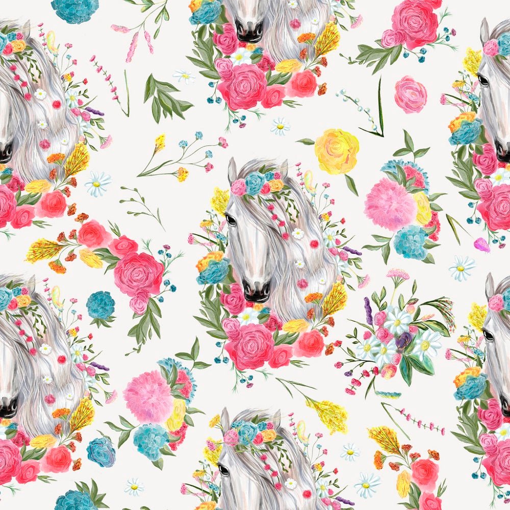Vintage Floral Horses Pattern #7 Fabric - White