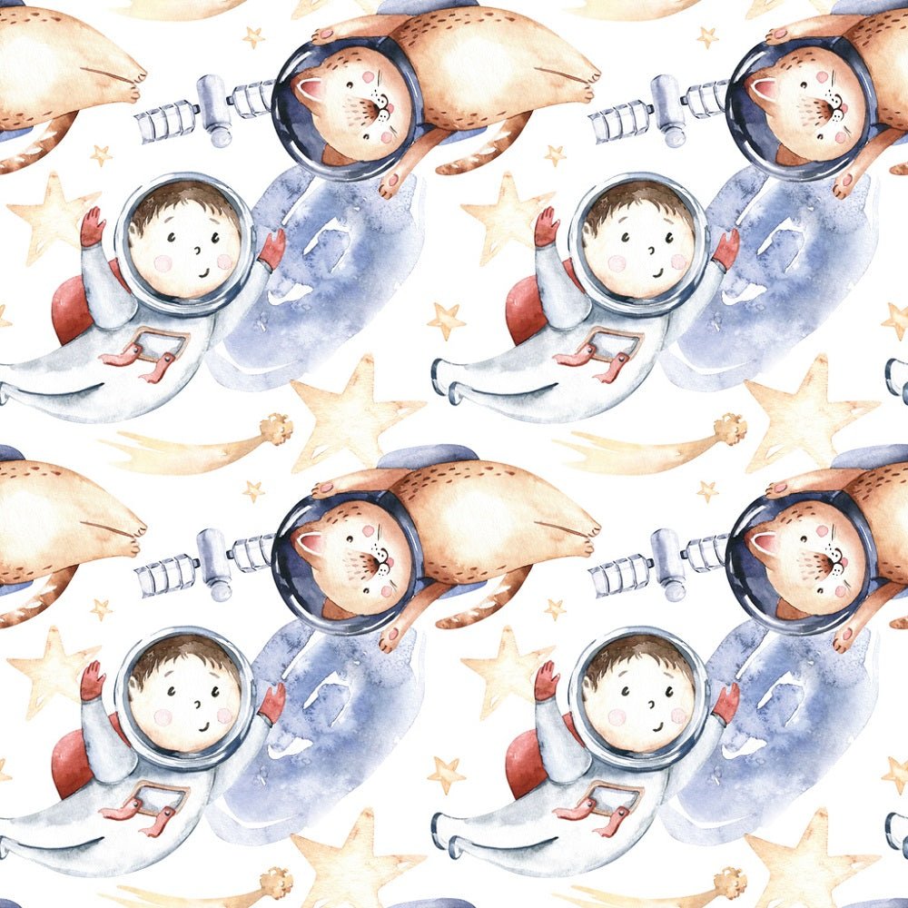 Watercolor Cats in Outer Space Fabric - White
