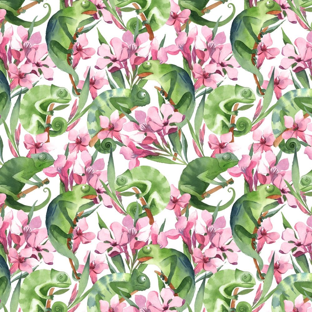 Watercolor Chameleons & Tropical Flowers Fabric
