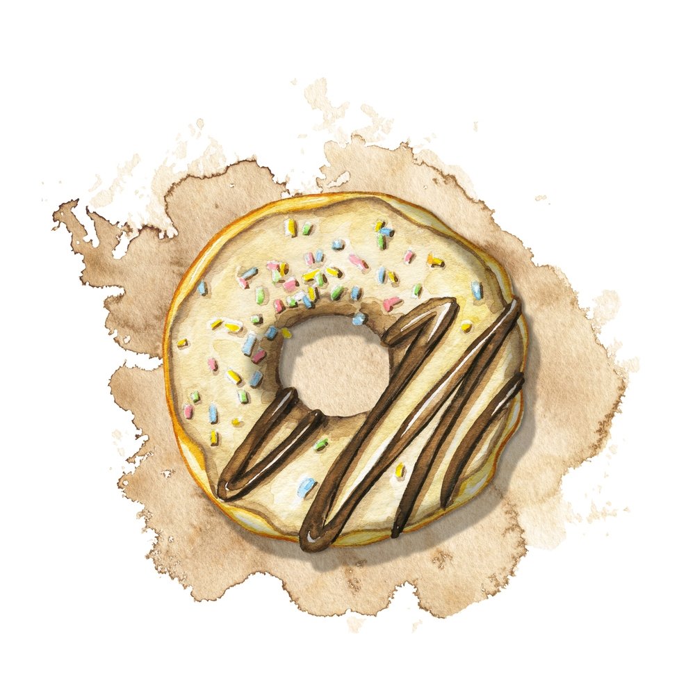 Watercolor Chocolate Glazed Doughnut Fabric Panel - Tan