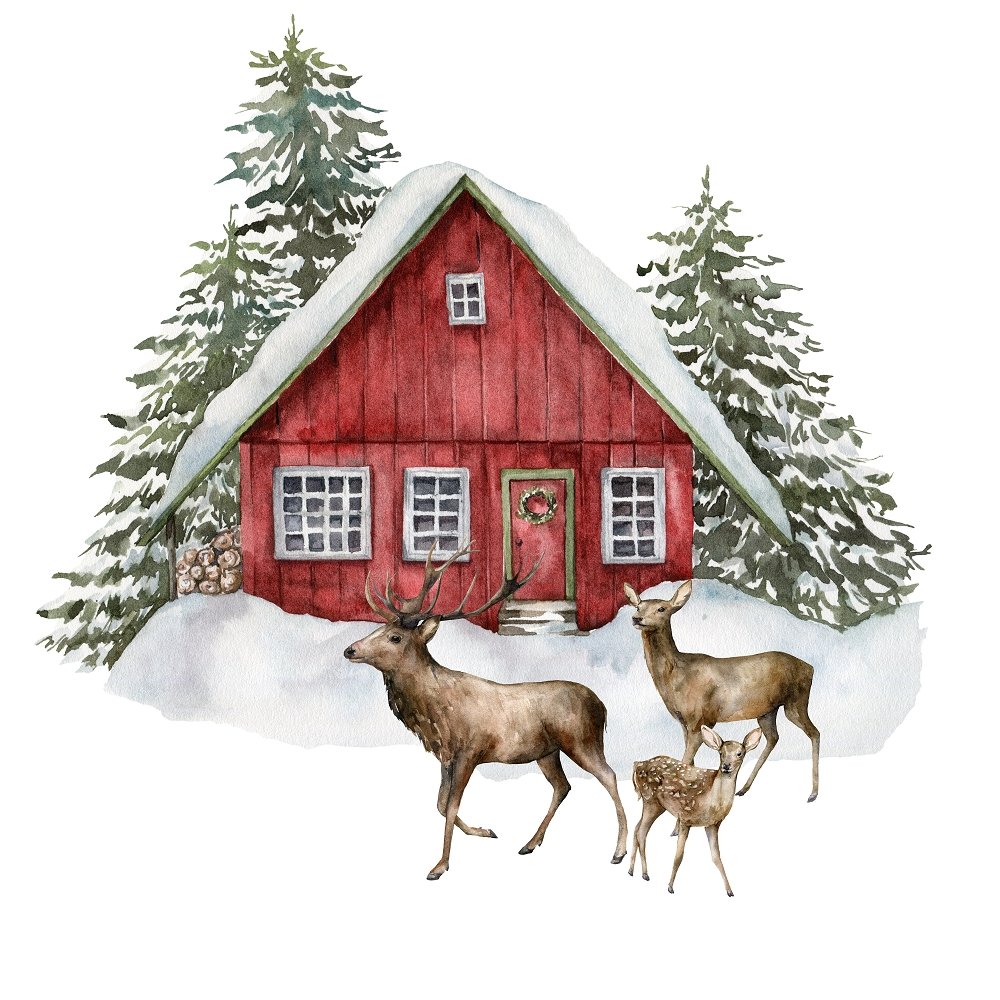 Watercolor Christmas Cabin Fabric Panel - Multi