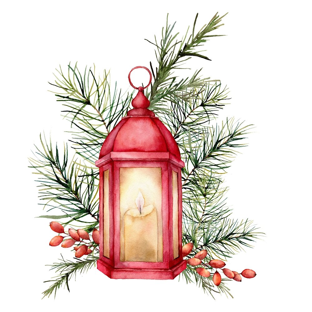 Watercolor Christmas Lantern Fabric Panel - Multi