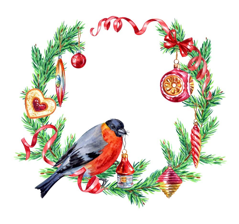 Watercolor Christmas Wreath with Bullfinch - White