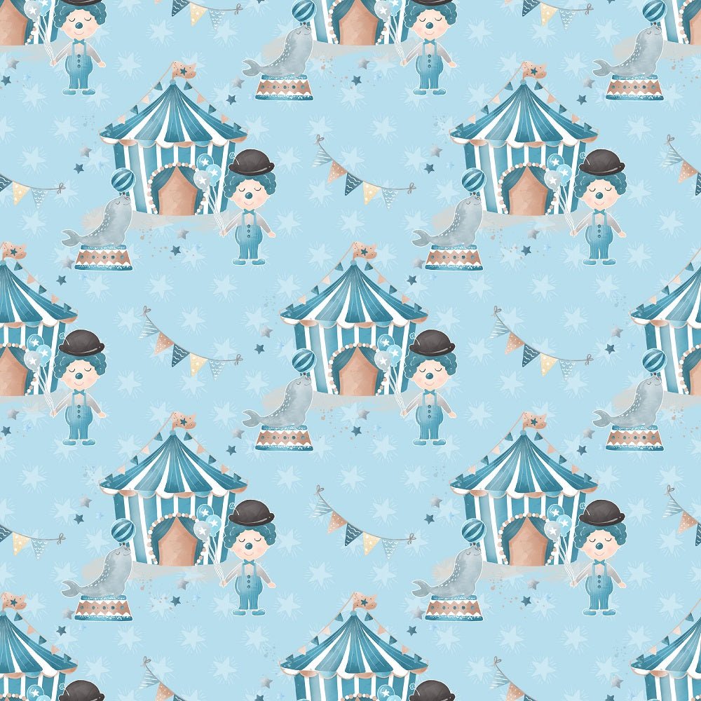 Watercolor Circus Scene #1 Fabric - Blue