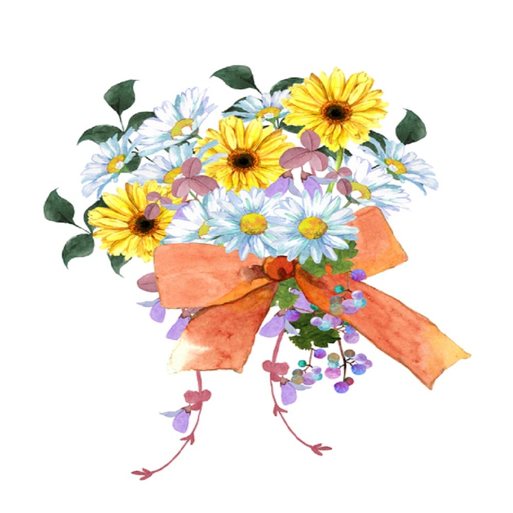 Watercolor Floral, Colorful Daisy Bouquet Fabric Panel - White