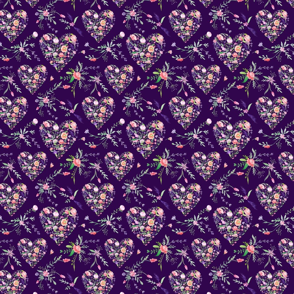 Watercolor Floral Heart Fabric - Purple