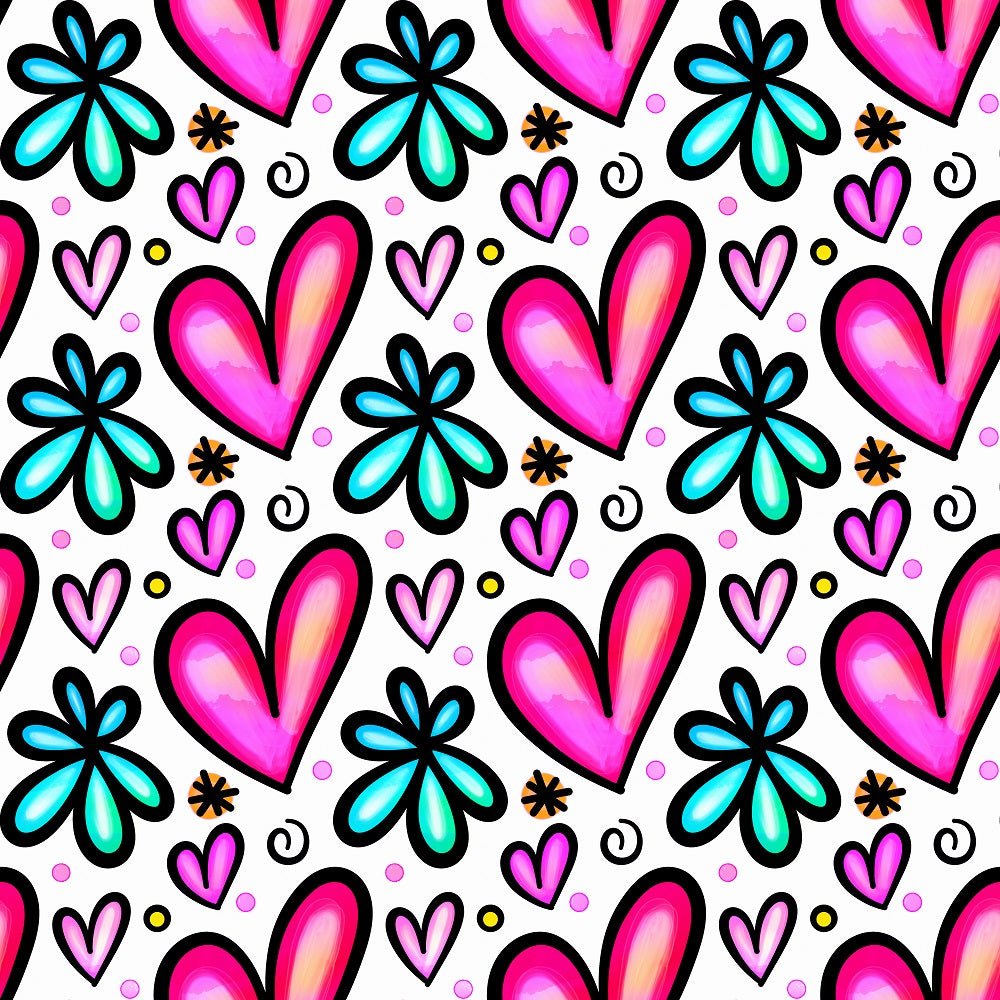 Watercolor Floral Hearts Collage #2 Fabric
