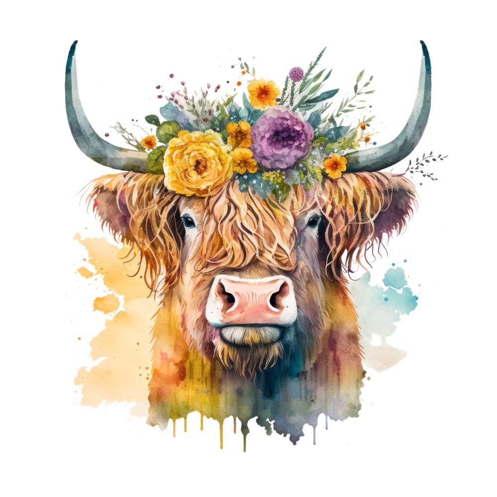 Watercolor Floral Highland Cow #3 Fabric Panel