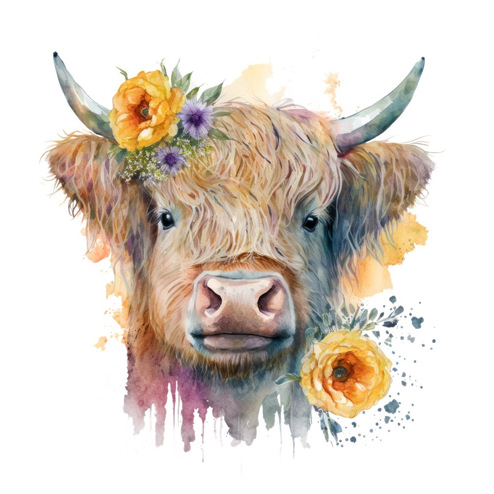 Watercolor Floral Highland Cow #5 Fabric Panel