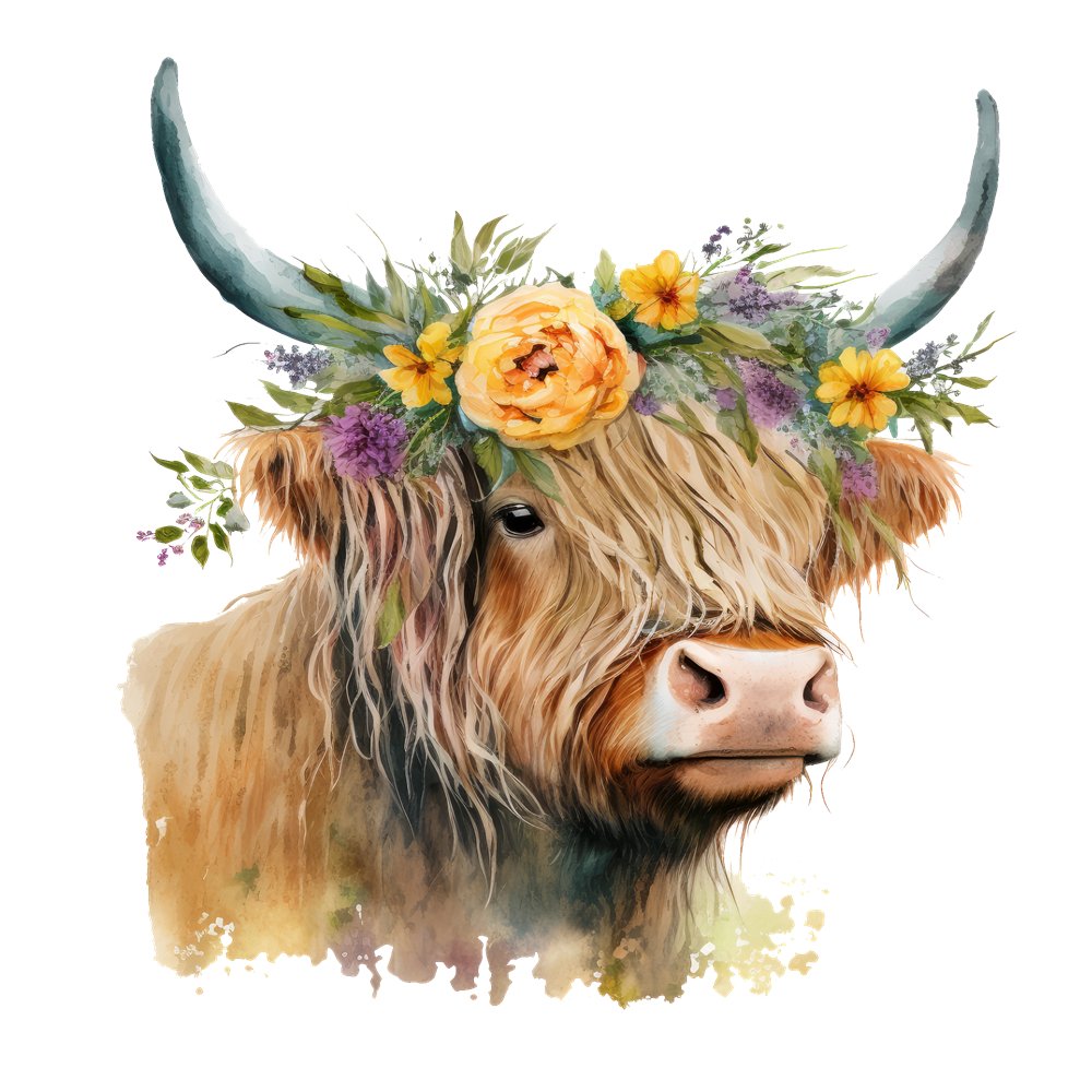 Watercolor Floral Highland Cow #9 Fabric Panel