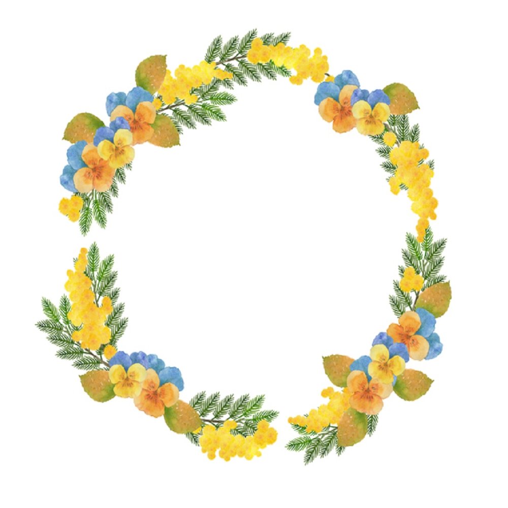 Watercolor Floral, Mimosa And Pansy Wreath Fabric Panel - White