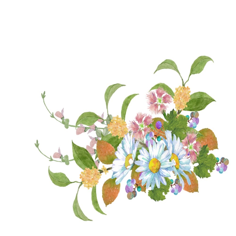 Watercolor Floral, Wildflower Bouquet Fabric Panel - White