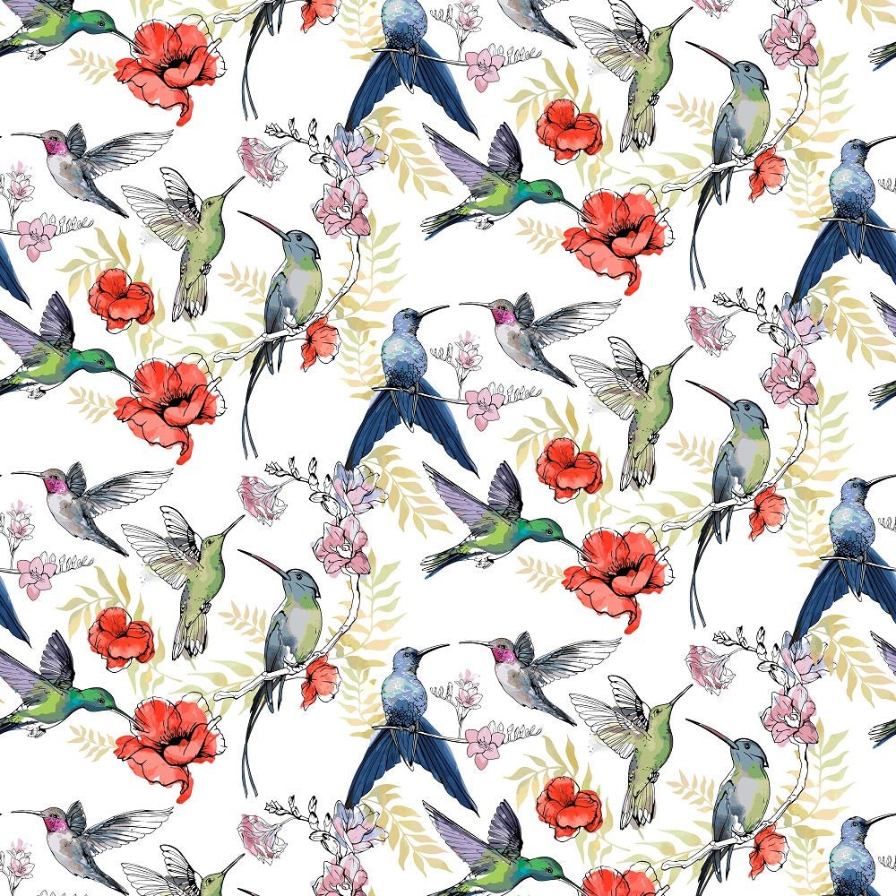 Watercolor Flowers and Hummingbirds Fabric