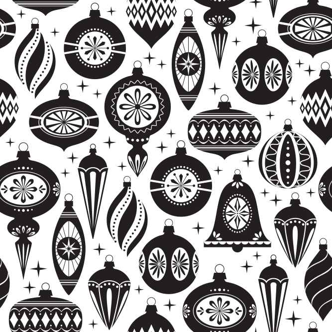 Vintage Christmas Ornaments Fabric - Black/White