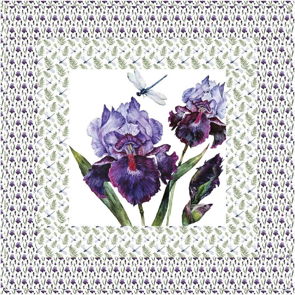 Watercolor Dragonfly and Allover Iris Wall Hanging/Lap Quilt Kit - 42" x 42"