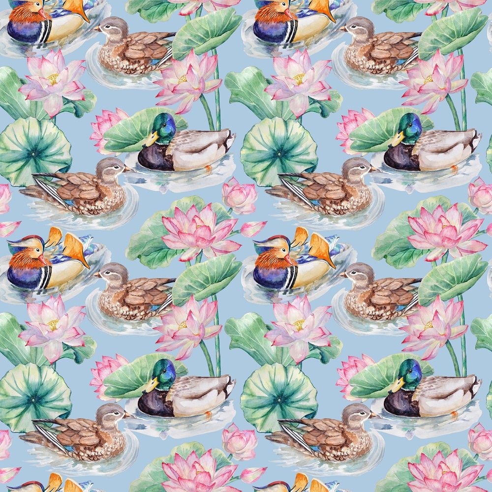 Watercolor Ducks & Lotus Flowers Fabric - Blue