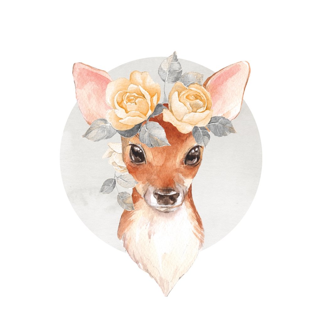 Watercolor Fawn & Flowers Fabric Panel - Brown