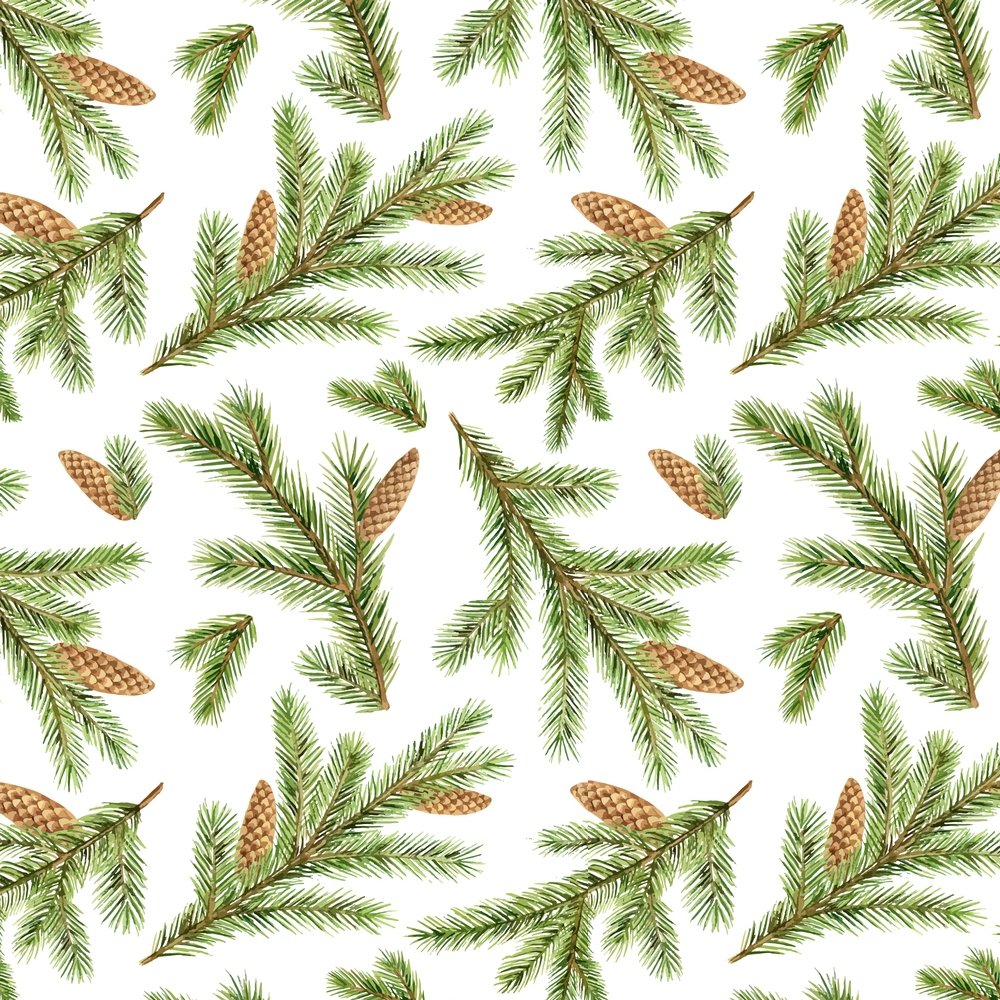 Watercolor Fir Branches & Cones Fabric - Green