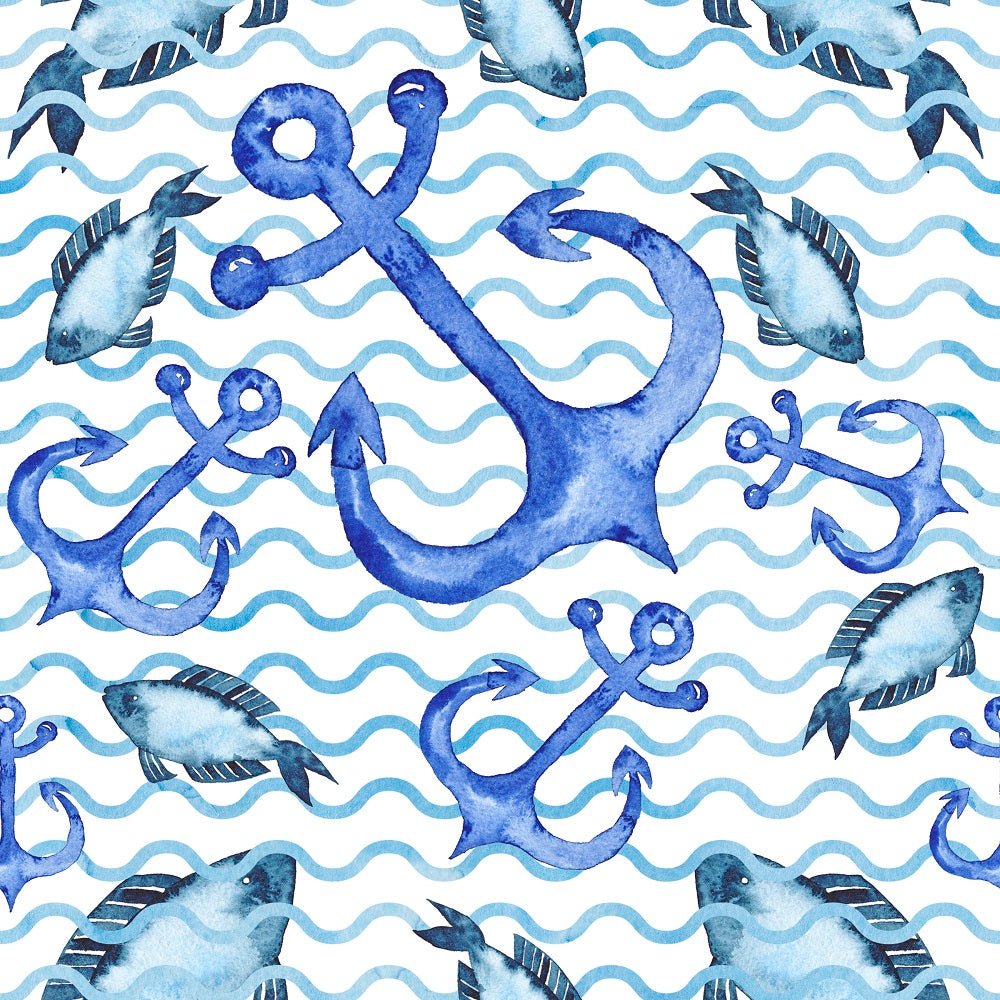 Watercolor Fish & Anchors on Waves Fabric