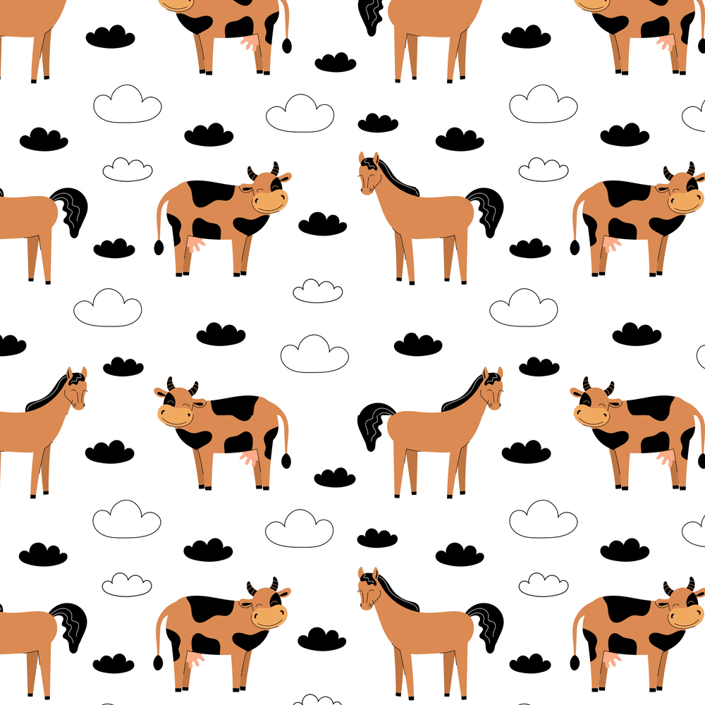 Cartoon Horses With Cows Fabric - White