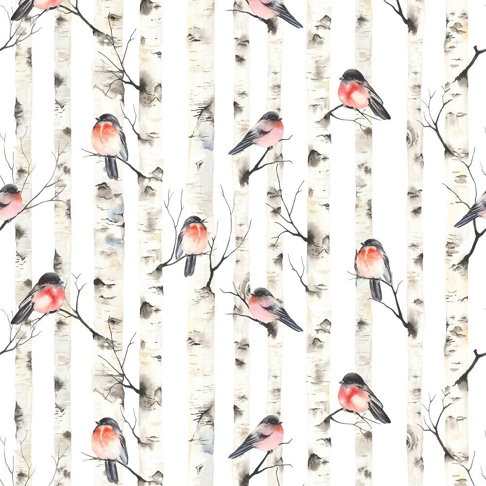Watercolor Bullfinches On Birch Trees Fabric