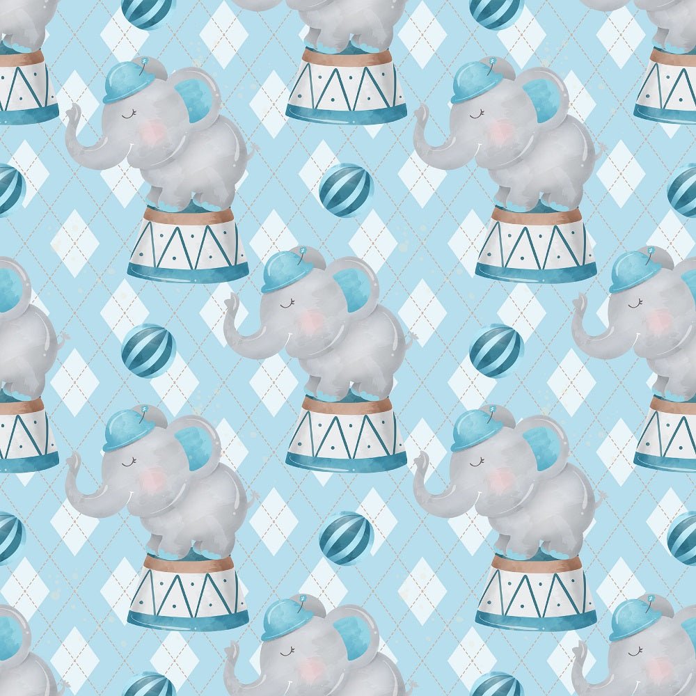 Watercolor Circus Elephant Checkered Fabric - Blue