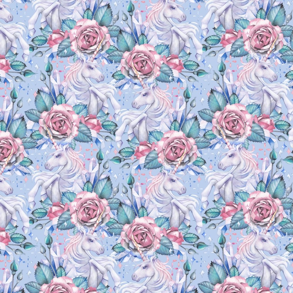 Watercolor Crystal Unicorn & Rose Fabric - Lilac