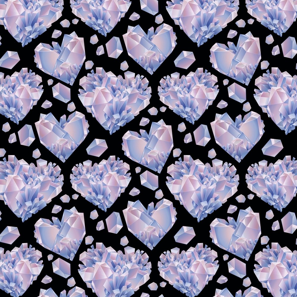 Watercolor Crystals & Hearts Fabric - Black