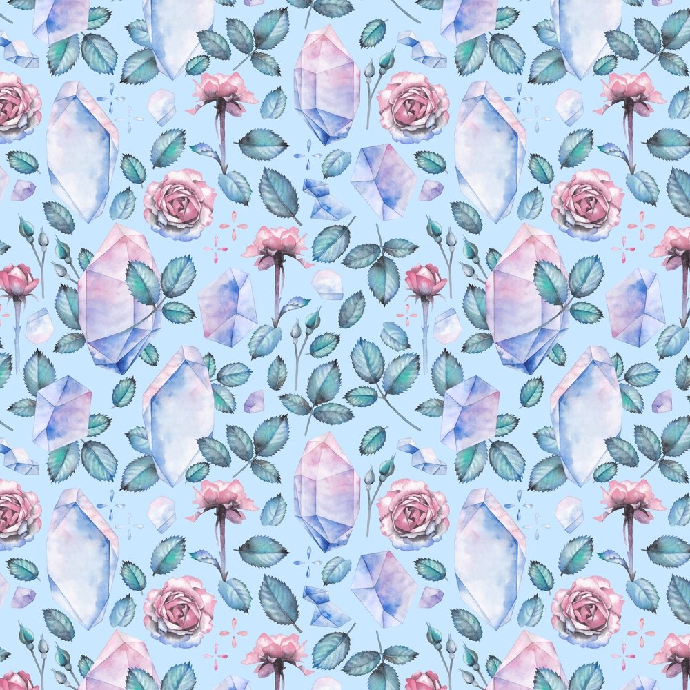 Watercolor Crystals & Rose Stems Fabric - Blue