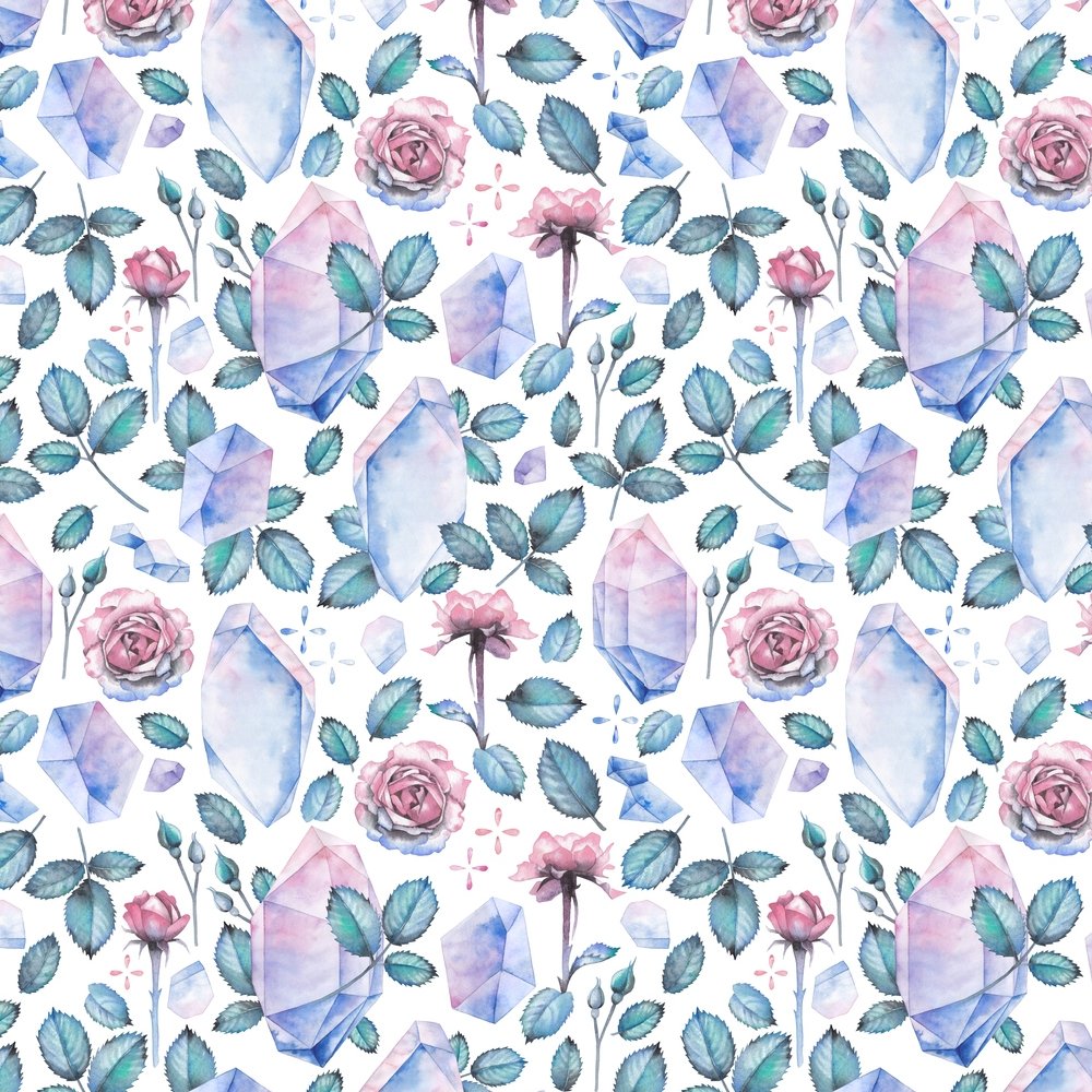 Watercolor Crystals & Rose Stems Fabric - White