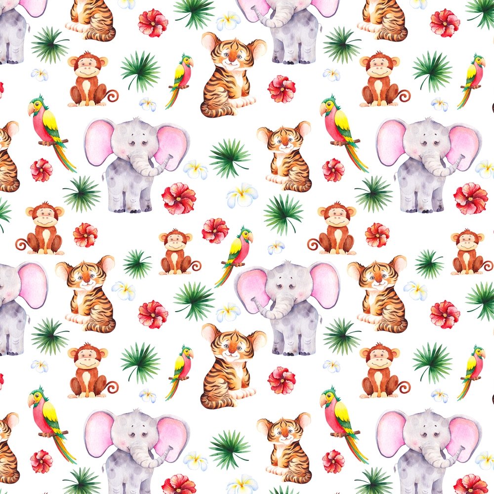 Watercolor Cute Safari Animals & Friends Fabric Variation 1
