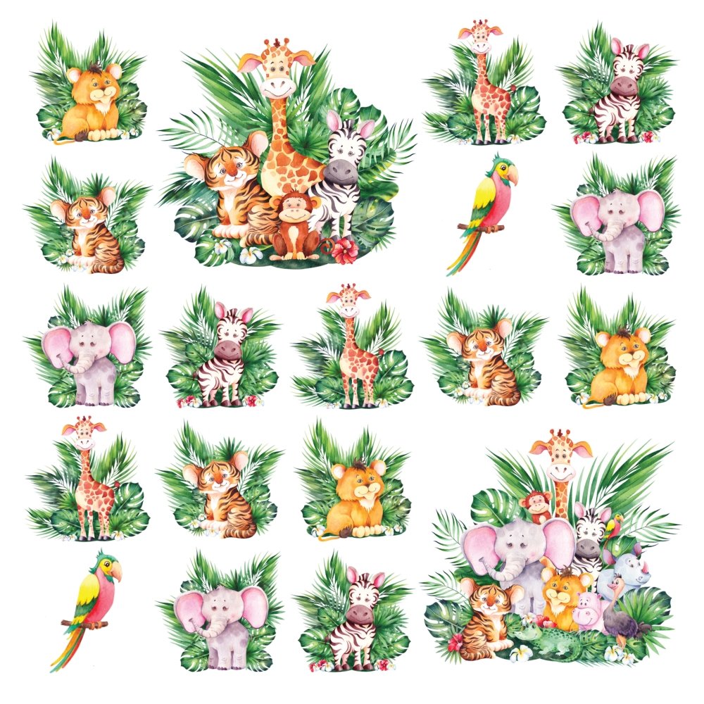 Watercolor Cute Safari Animals with Leaves Fabric