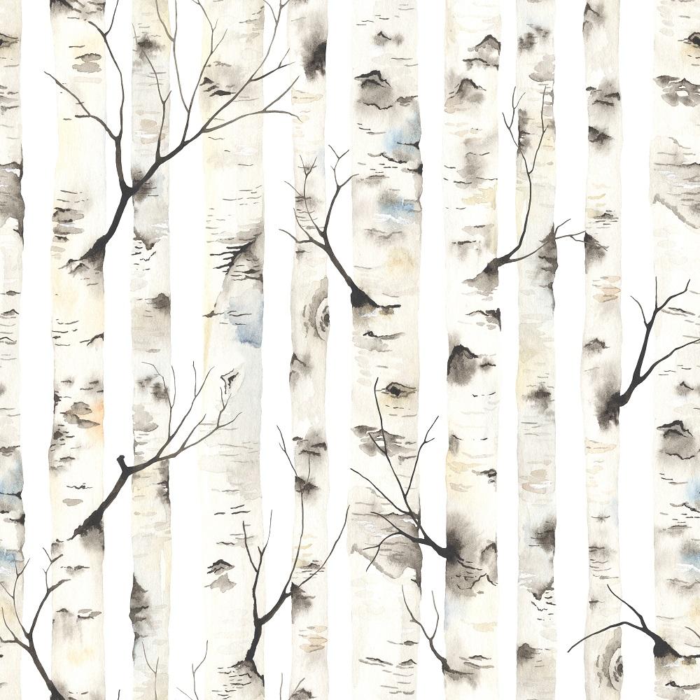 Watercolor Birch Trees with Branches Fabric