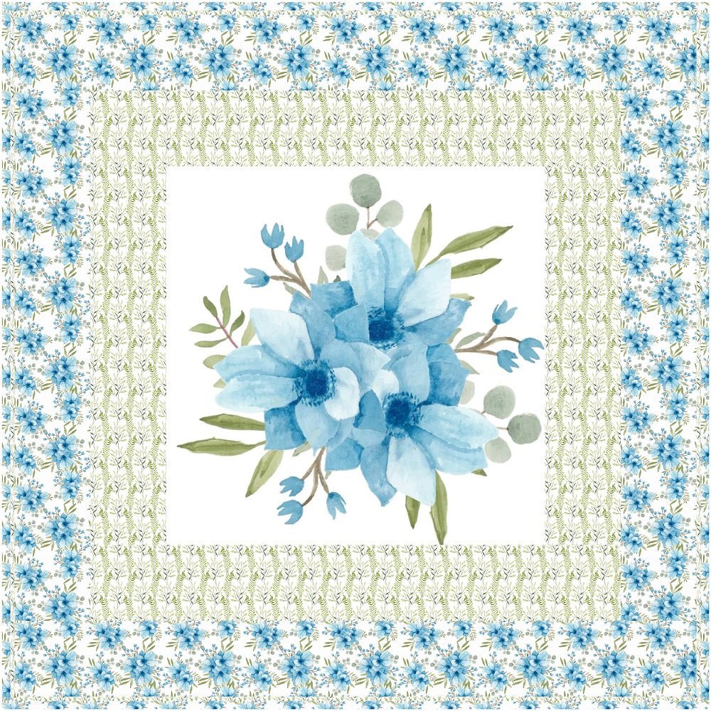 Watercolor Blue Floral Bouquet Wall Hanging/Lap Quilt Kit - 42" x 42"