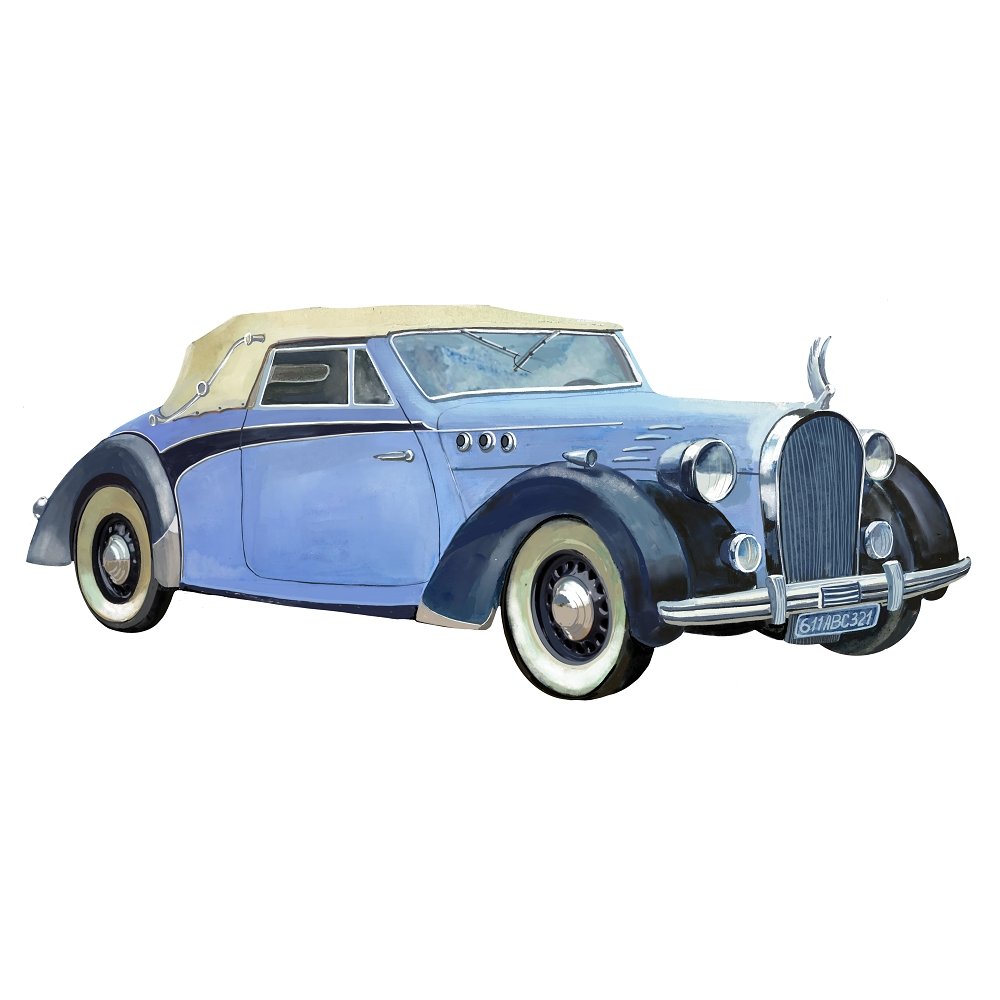 Watercolor Blue Retro Car Fabric Panel