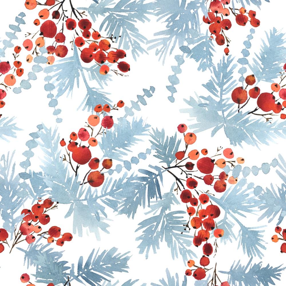 Watercolor Blue Spruce & Red Berries Fabric