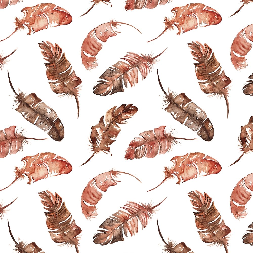 Watercolor Boho Feather Fabric - Red/Brown