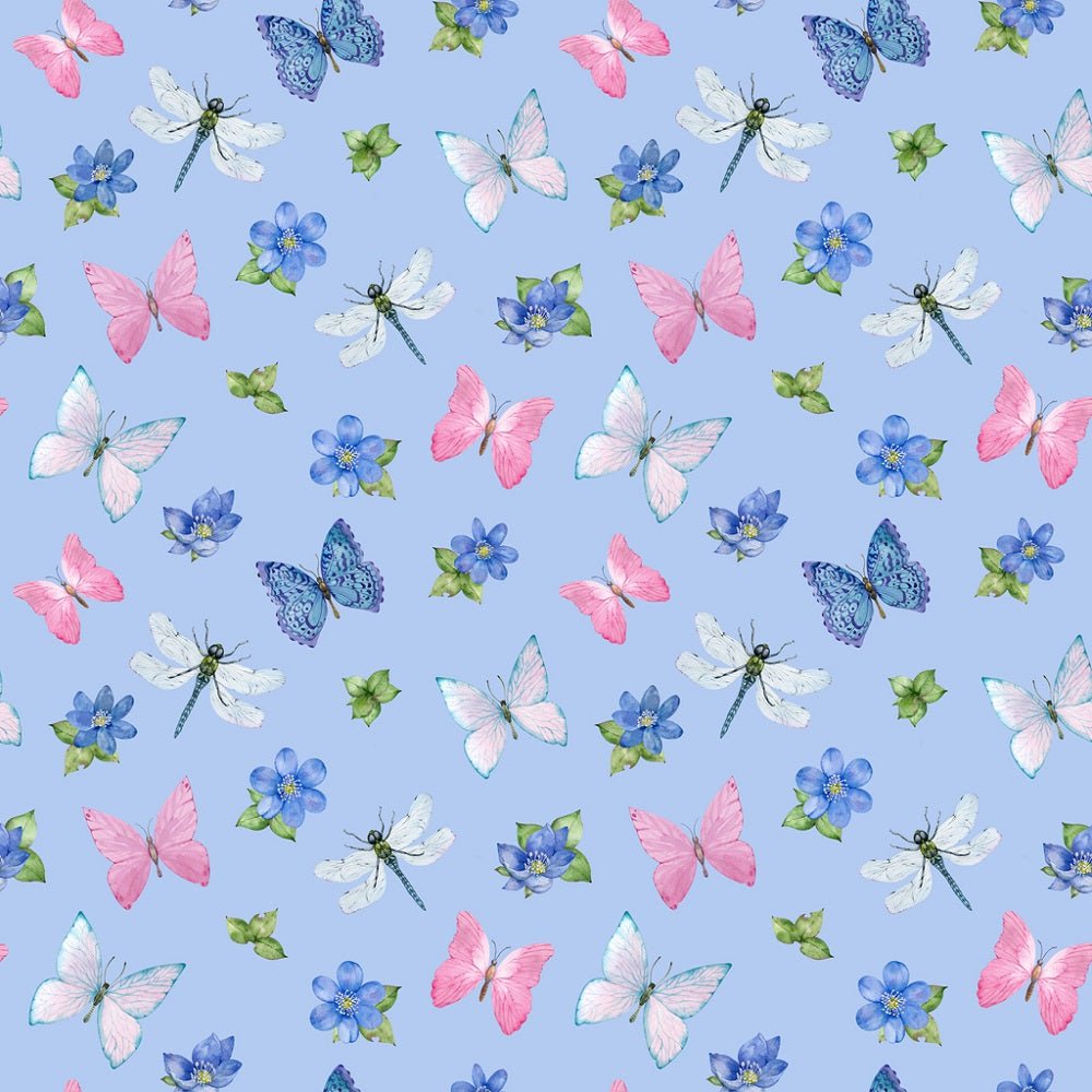 Watercolor Butterflies, Dragonflies, & Flowers Fabric - Blue