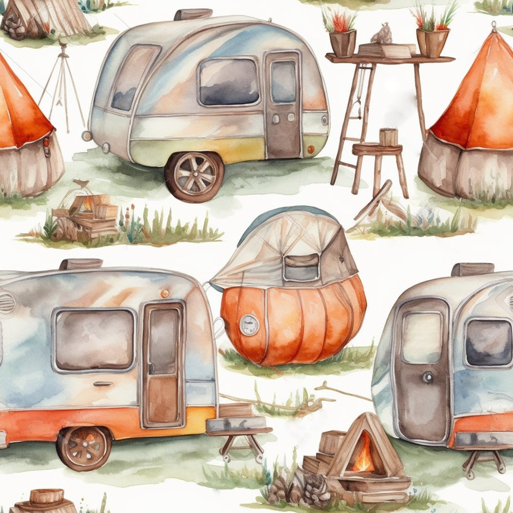 Watercolor Camping Pattern #2 Fabric
