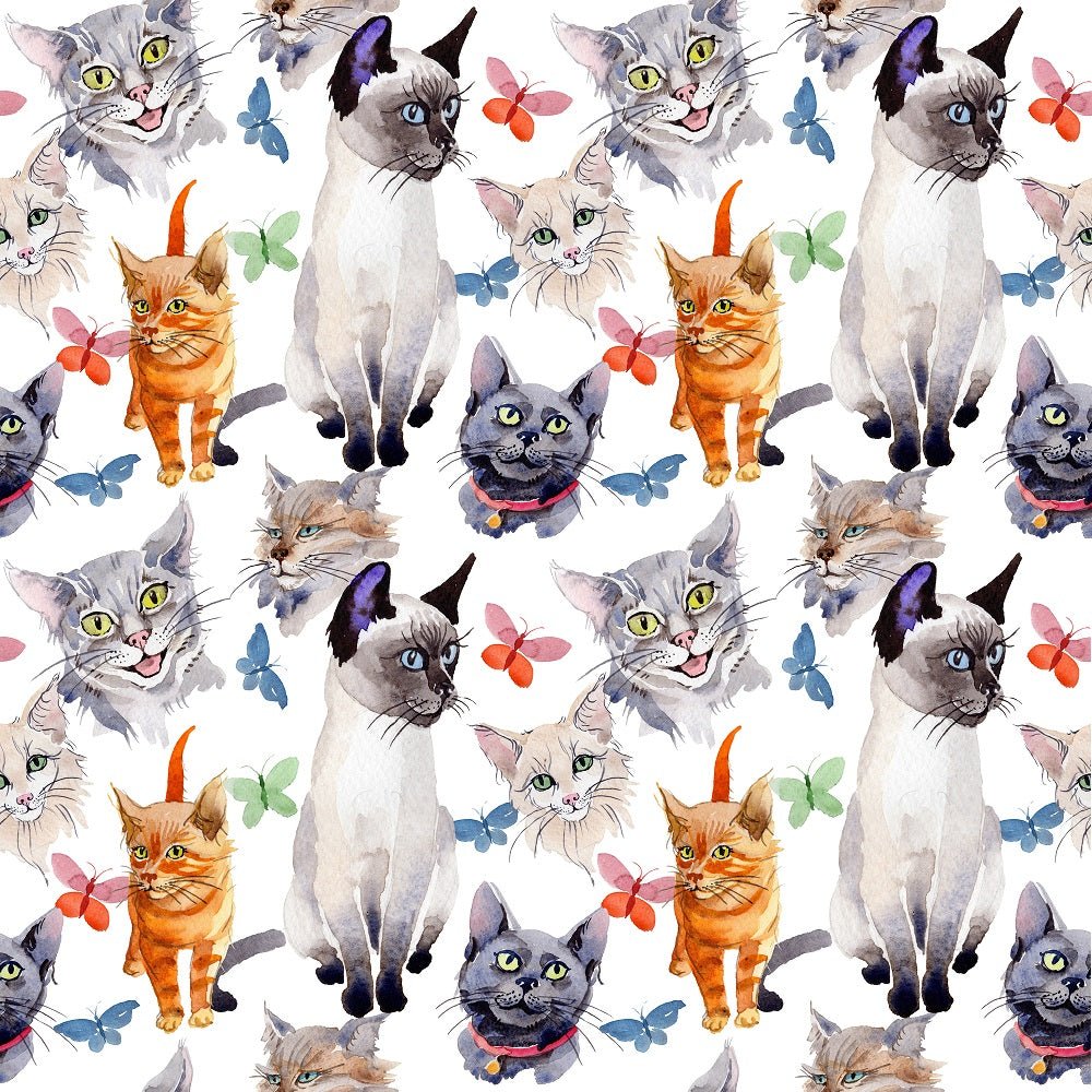 Watercolor Cats and Butterflies Fabric