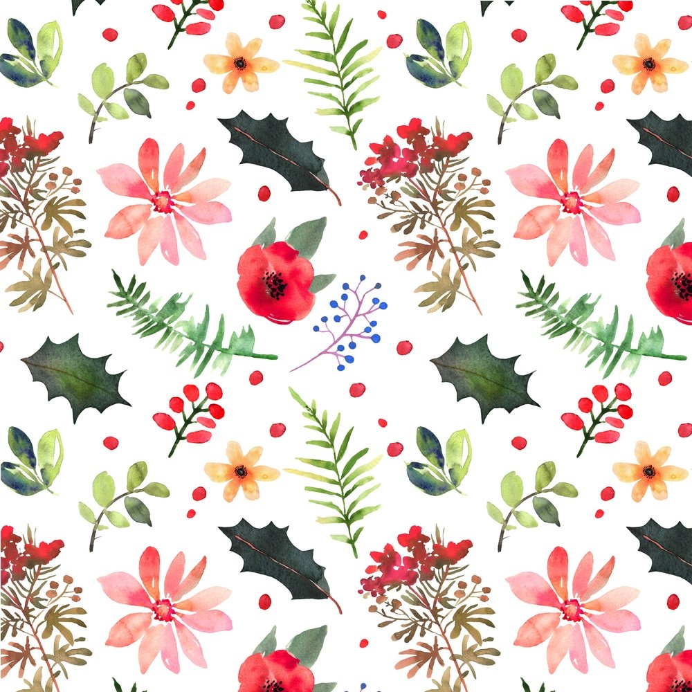 Watercolor Christmas Plants Fabric - Multi