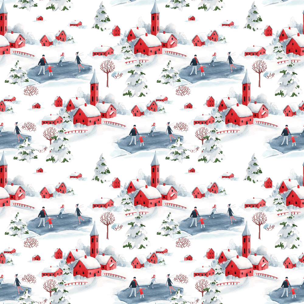 Watercolor Christmas Town Fabric - Multi