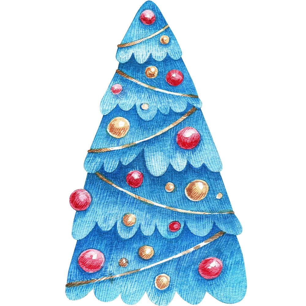 Watercolor Christmas Tree Fabric Panel - Blue