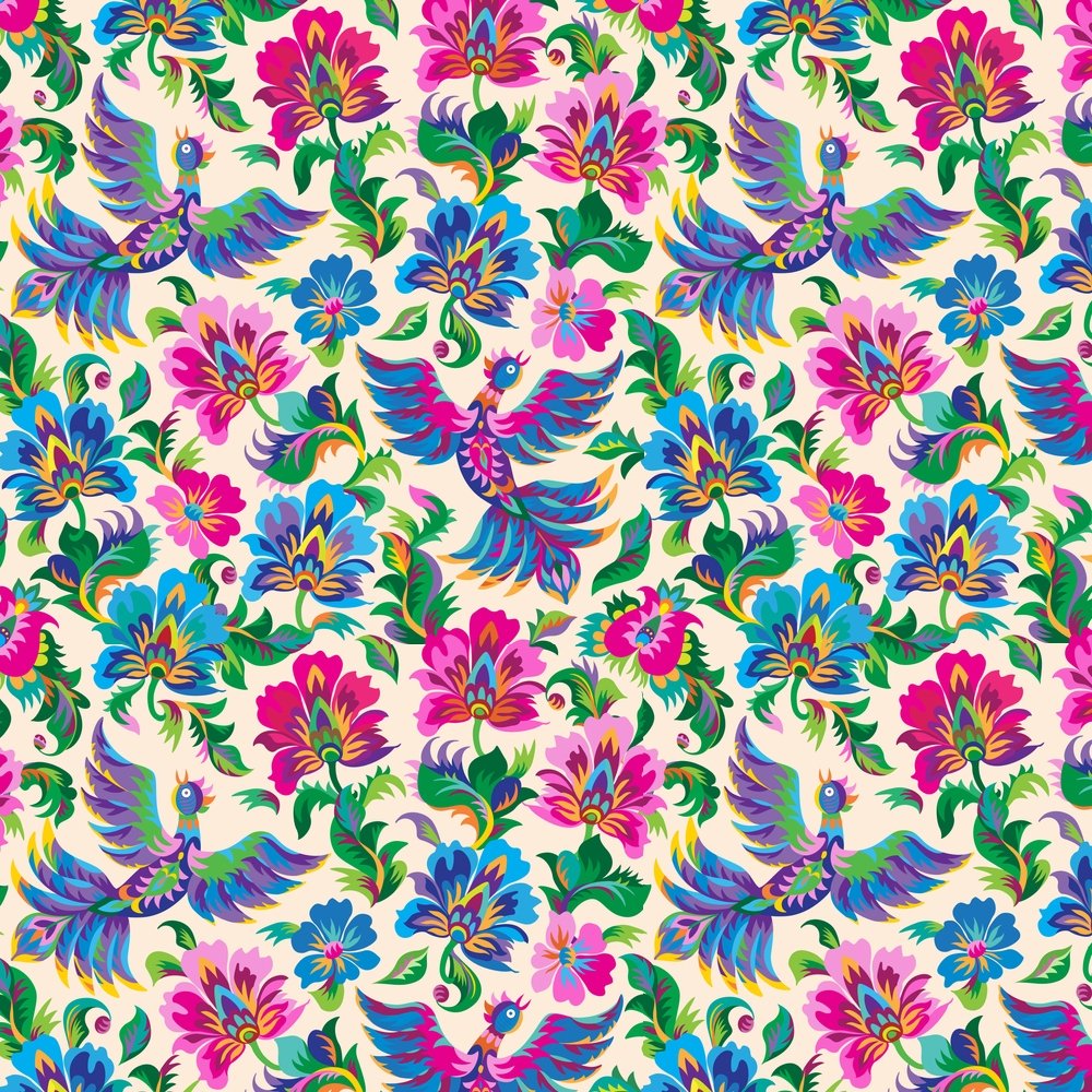 Ukrainian Fantasy Birds With Floral Design Fabric - Multi