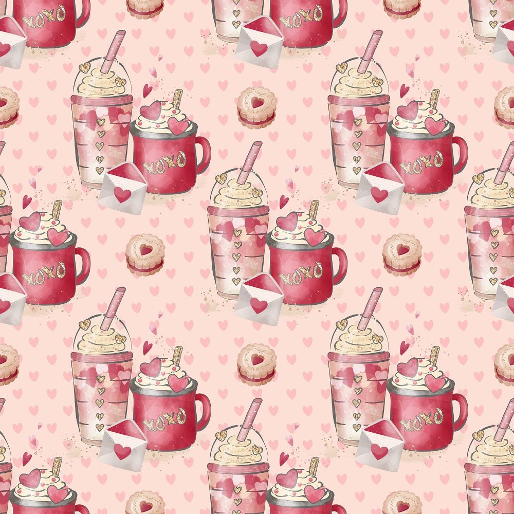 Valentines Coffee on Pink Hearts Fabric - Tan