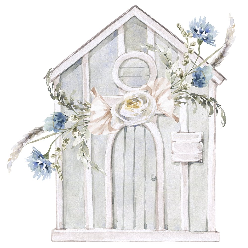 Watercolor Barn with Blue Flowers Fabric Panel