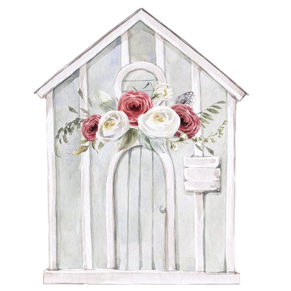 Watercolor Barn with Red Flowers Fabric Panel