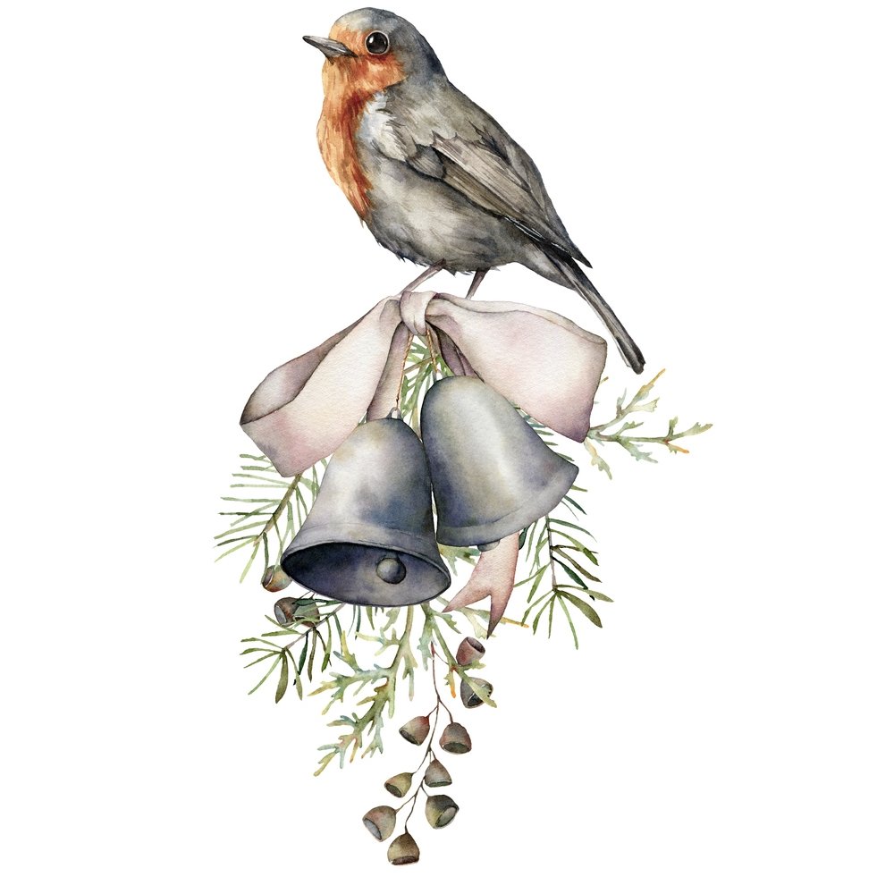 Watercolor Bird, Silver Bow & Bells Fabric Panel