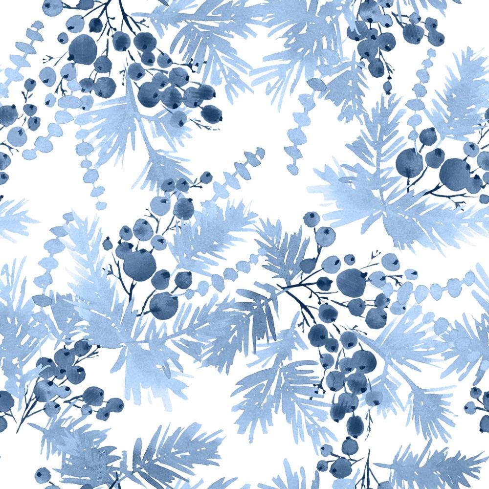 Watercolor Blue Spruce & Blue Berries Fabric