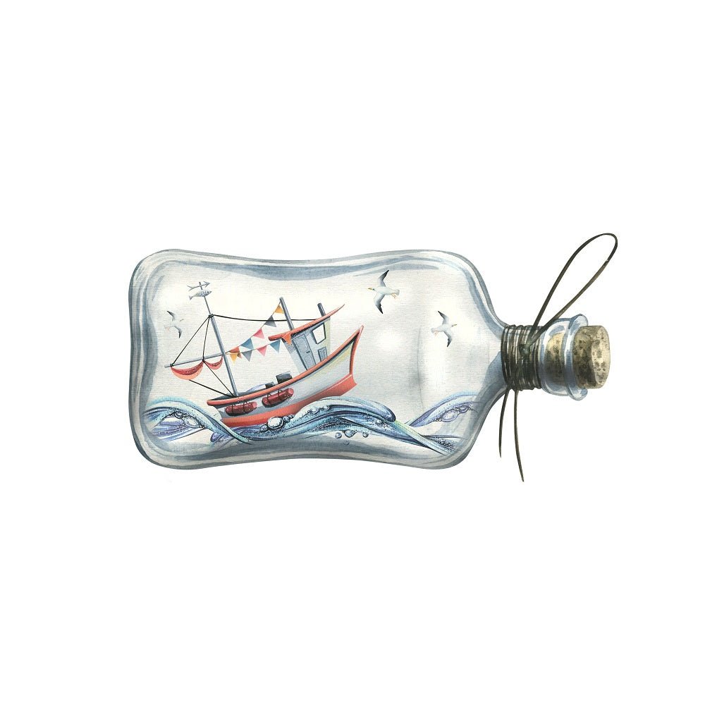 Watercolor Boat In A Glass Bottle Fabric Panel